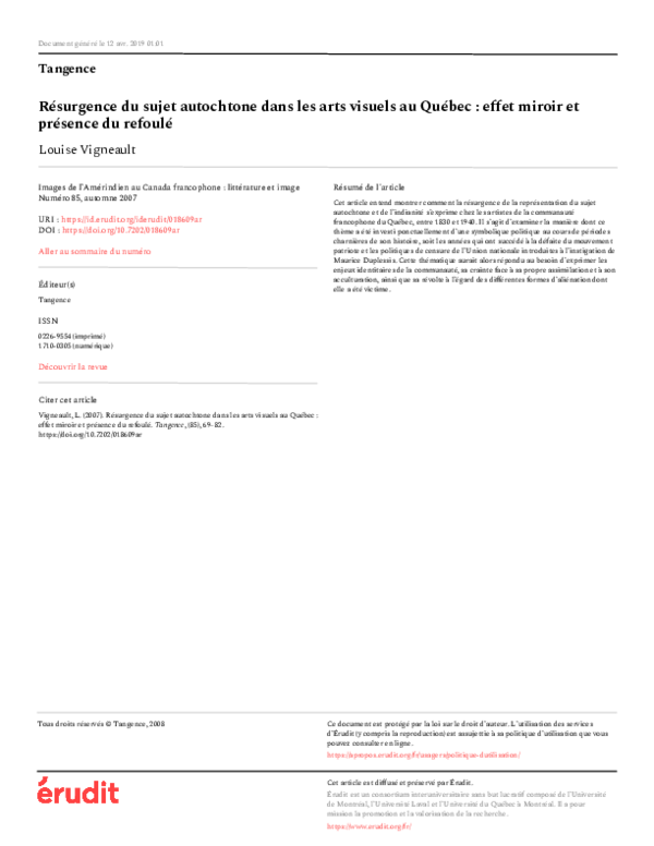 (PDF) Résurgence du sujet autochtone dans les arts visuels au Québec ...