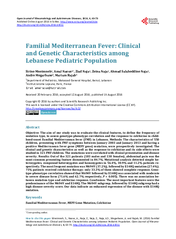 (PDF) Familial Mediterranean Fever: Clinical and Genetic ...