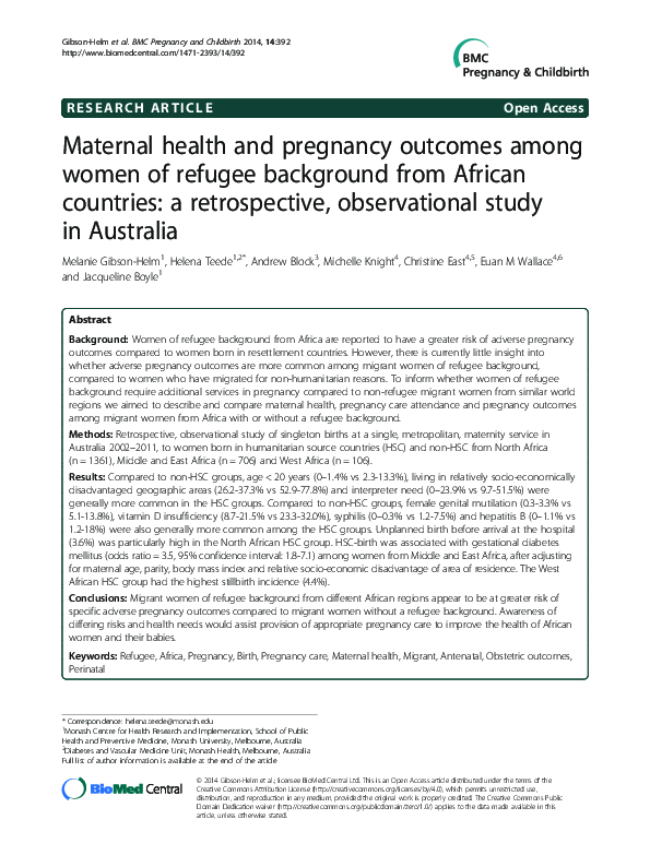 (PDF) Maternal health and pregnancy outcomes among women of refugee ...
