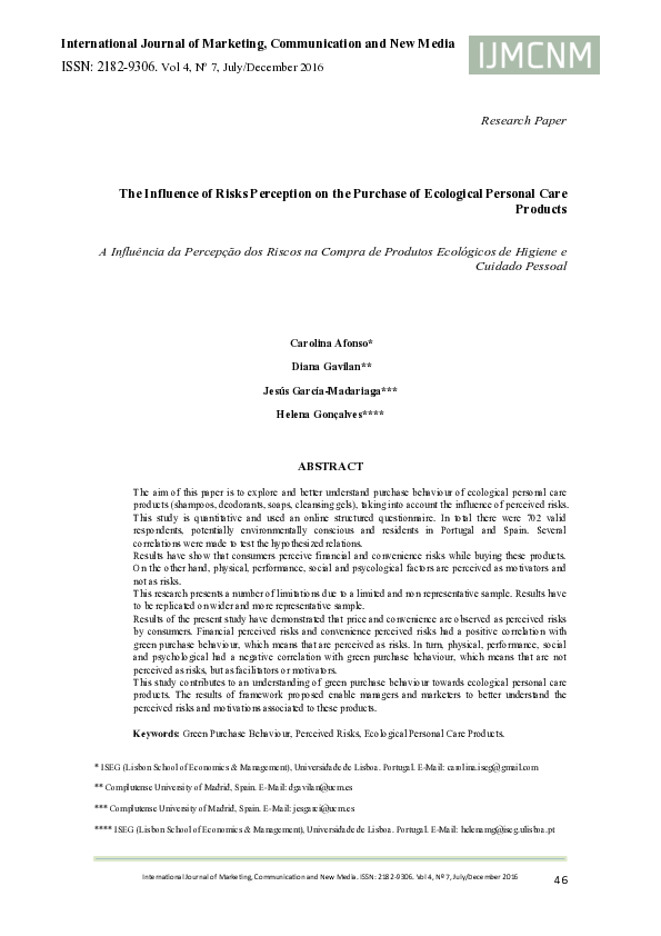(PDF) The Influence of Risks Perception on the Purchase of Ecological ...
