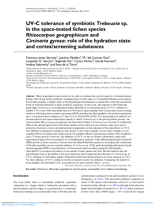 (PDF) UV-C tolerance of symbioticTrebouxiasp. in the space-tested ...
