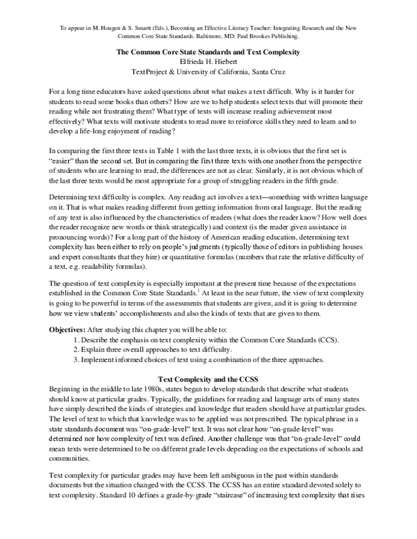 (PDF) The Common Core State Standards and Text Complexity