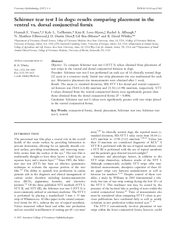 (PDF) Schirmer tear test I in dogs: results comparing placement in the ...