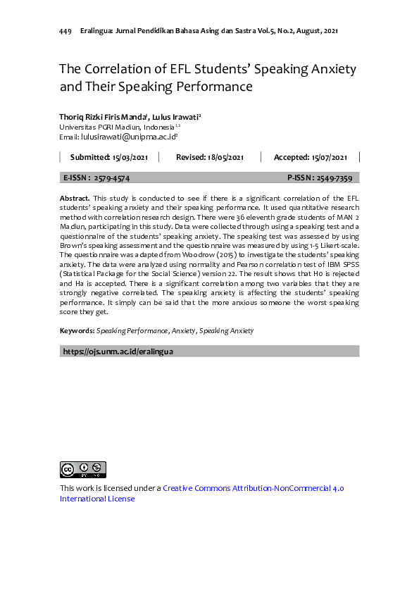 (PDF) The Correlation of EFL Students’ Speaking Anxiety and Their ...
