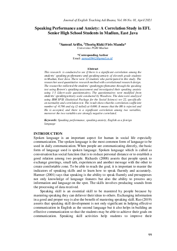 (PDF) The Speaking Performance and Anxiety: A Correlation Study in EFL ...