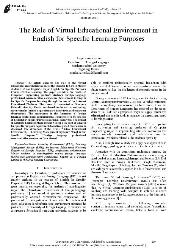 (PDF) The Role of Virtual Educational Environment in English for for ...