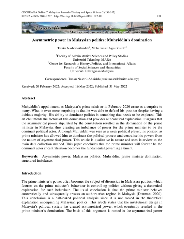 (PDF) Asymmetric power in Malaysian politics: Muhyiddin’s domination