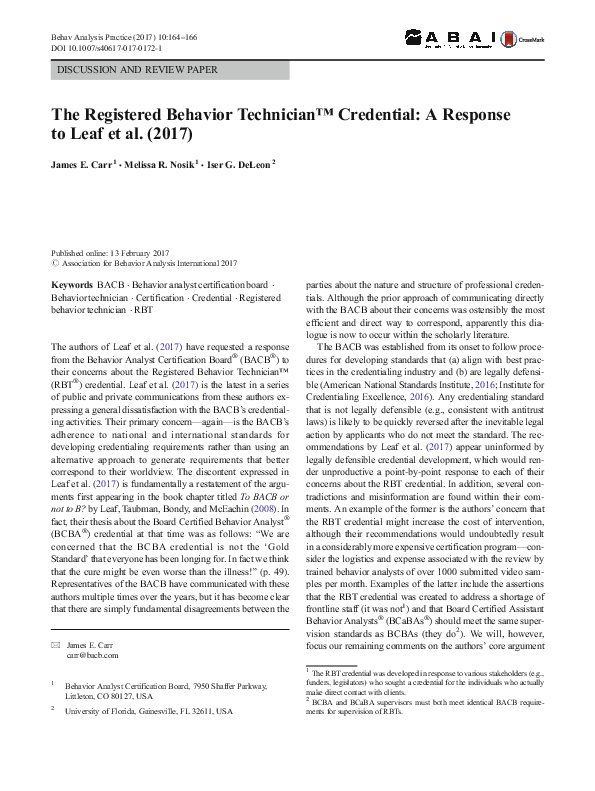 (PDF) The Registered Behavior Technician™ Credential: A Response to ...