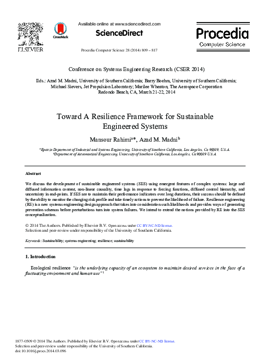 (PDF) Toward a Resilience Framework for Sustainable Engineered Systems