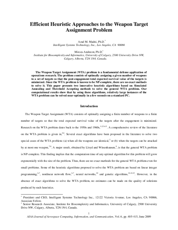 (PDF) Efficient Heuristic Approach to the Weapon-Target Assignment Problem