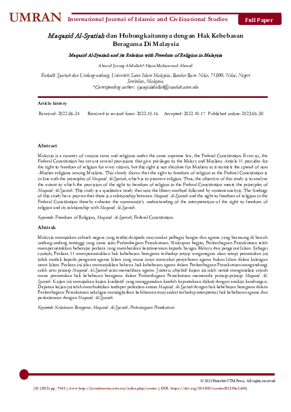 (PDF) Maqasid Al-Syariah dan Hubungkaitannya dengan Hak Kebebasan ...