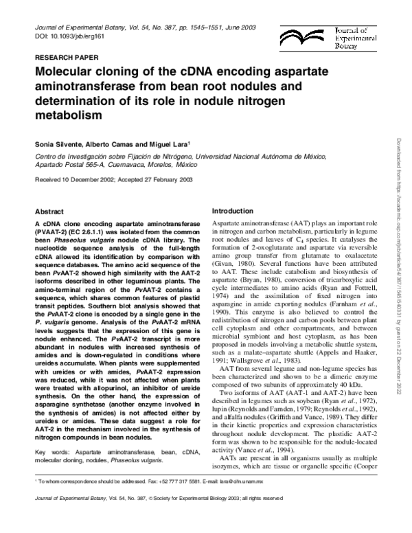 (PDF) Molecular cloning of the cDNA encoding aspartate aminotransferase ...