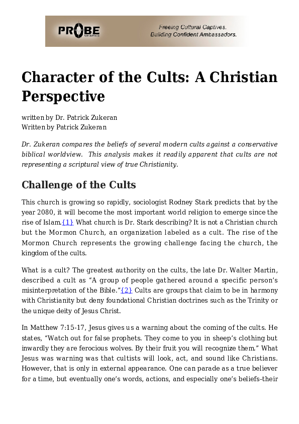 (PDF) Character of the Cults: A Christian Perspective