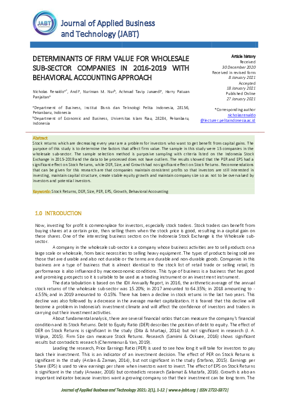 (PDF) Determinants of Firm Value for Wholesale Sub-Sector Companies in ...