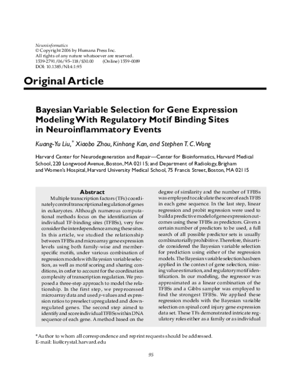 (PDF) Bayesian Variable Selection for Gene Expression Modeling With ...