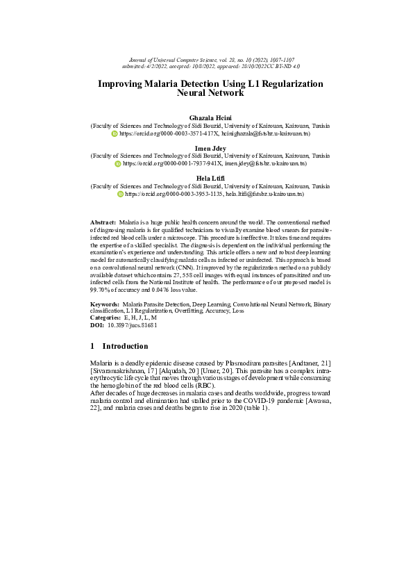 (PDF) Improving Malaria Detection Using L1 Regularization Neural Network