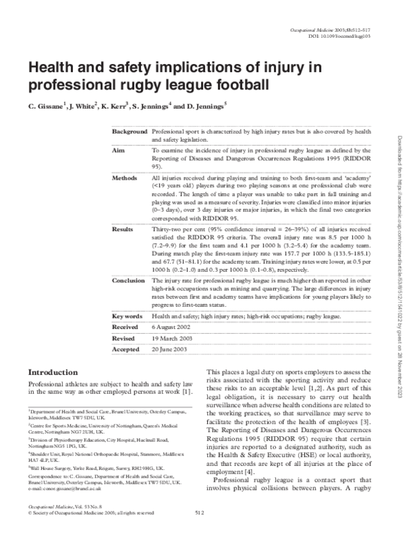 (PDF) Health and safety implications of injury in professional rugby ...