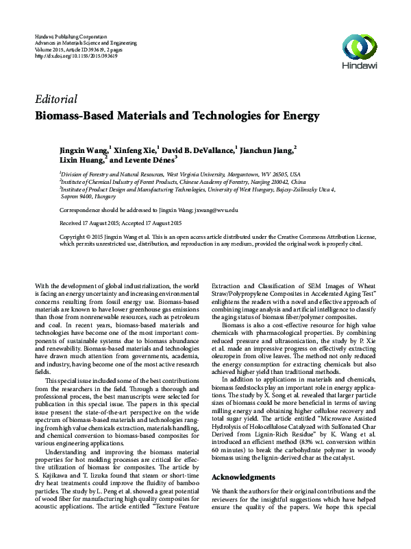 Biomass-Based Materials and Technologies for Energy