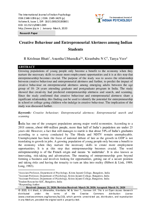 (PDF) Creative behaviour and entrepreneurial alertness among Indian ...