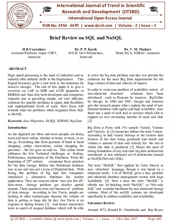(PDF) Brief Review on SQL and NoSQL | Harsha Vyawahare - Academia.edu