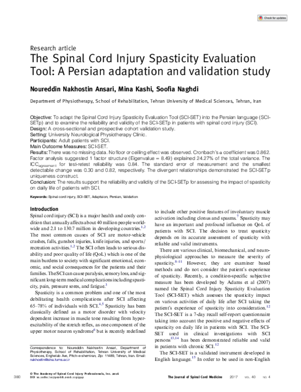 (PDF) The Spinal Cord Injury Spasticity Evaluation Tool: A Persian ...