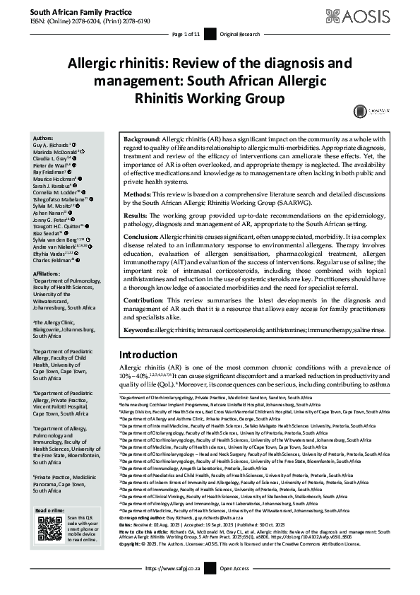 (PDF) Allergic rhinitis: Review of the diagnosis and management: South ...