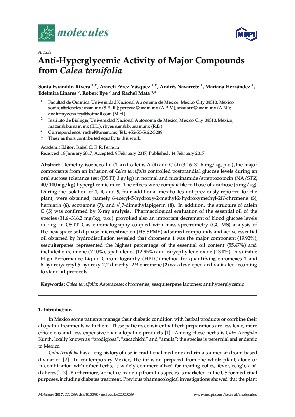 (PDF) Anti-Hyperglycemic Activity of Major Compounds from Calea ternifolia