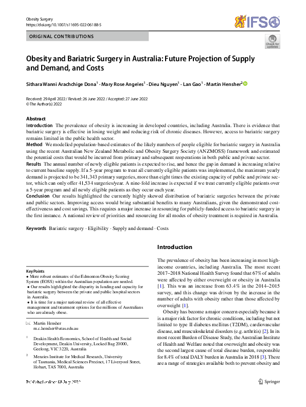(PDF) Obesity and Bariatric Surgery in Australia: Future Projection of ...