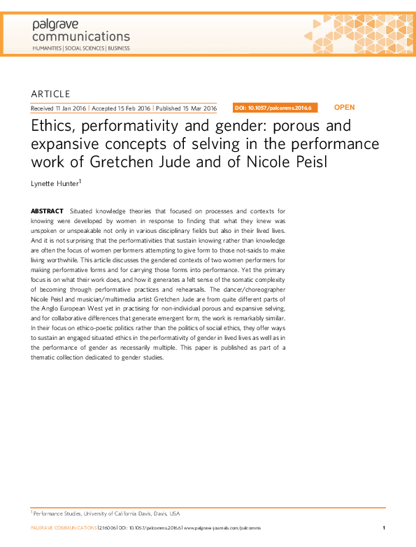 (PDF) Ethics, performativity and gender: porous and expansive concepts ...