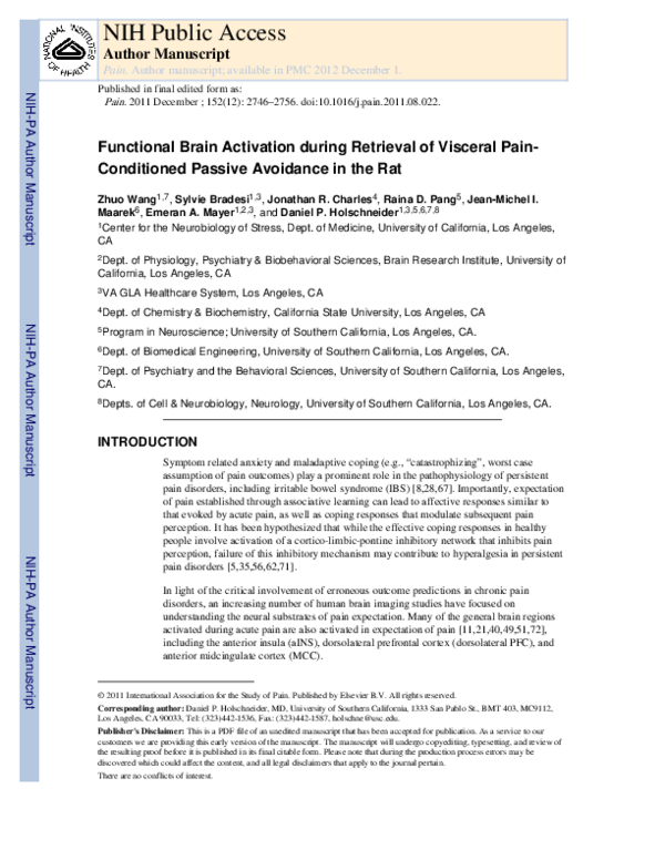 (PDF) Functional brain activation during retrieval of visceral pain ...