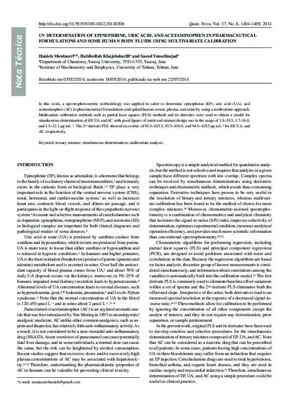 (PDF) Uv Determination of Epinephrine, Uric Acid, and Acetaminophen in