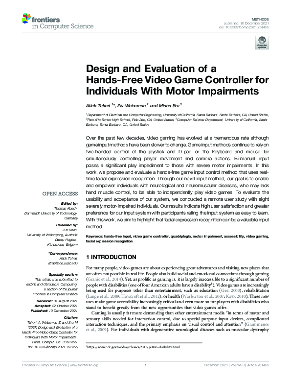 (PDF) Design and Evaluation of a Hands-Free Video Game Controller for ...