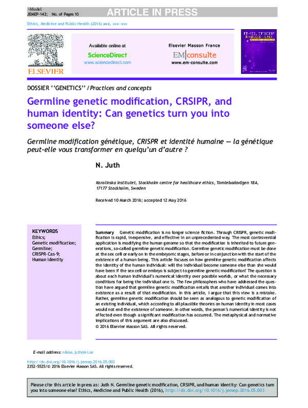 (PDF) Germline genetic modification, CRSIPR, and human identity: Can ...