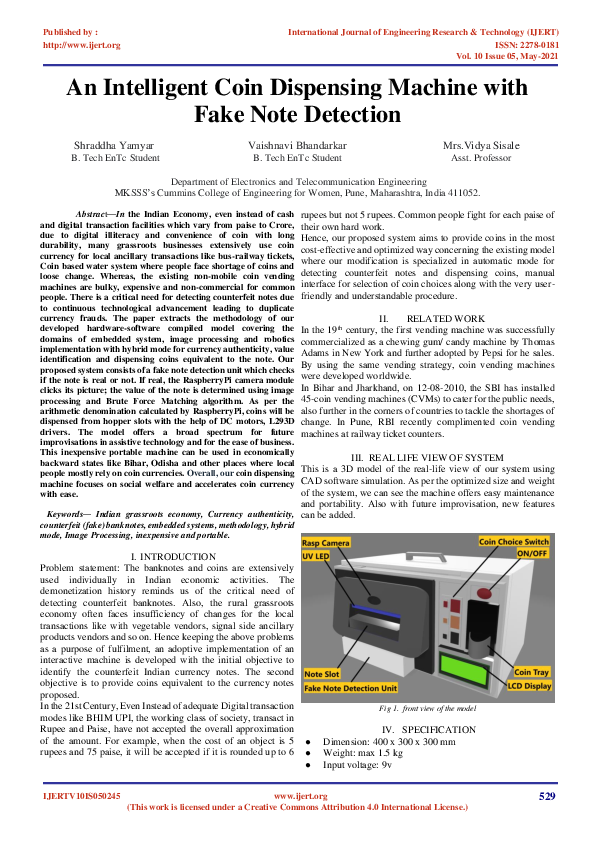 (PDF) An Intelligent Coin Dispensing Machine with Fake Note Detection