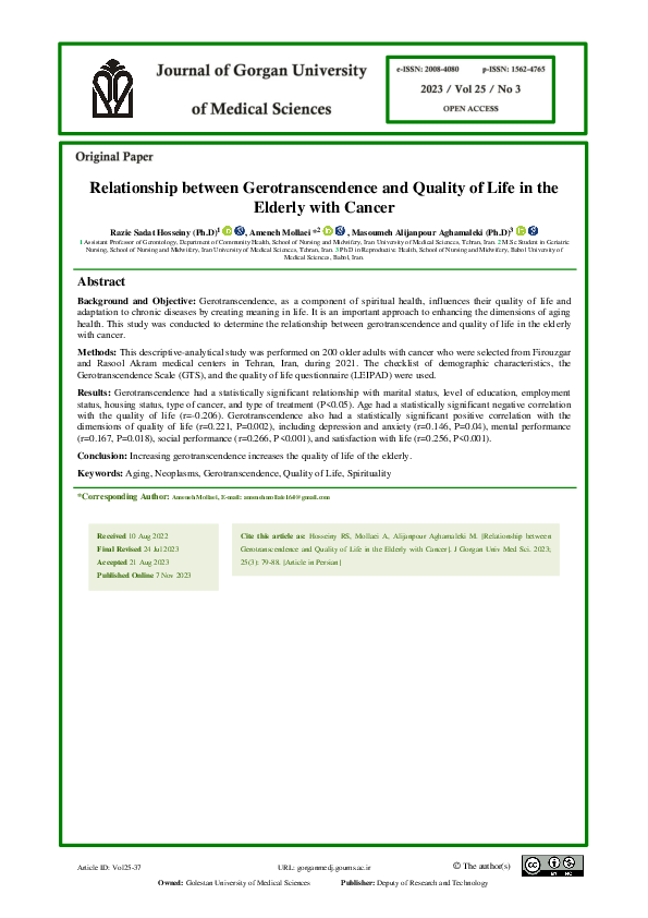 (PDF) Relationship between Gerotranscendence and Quality of Life in the ...