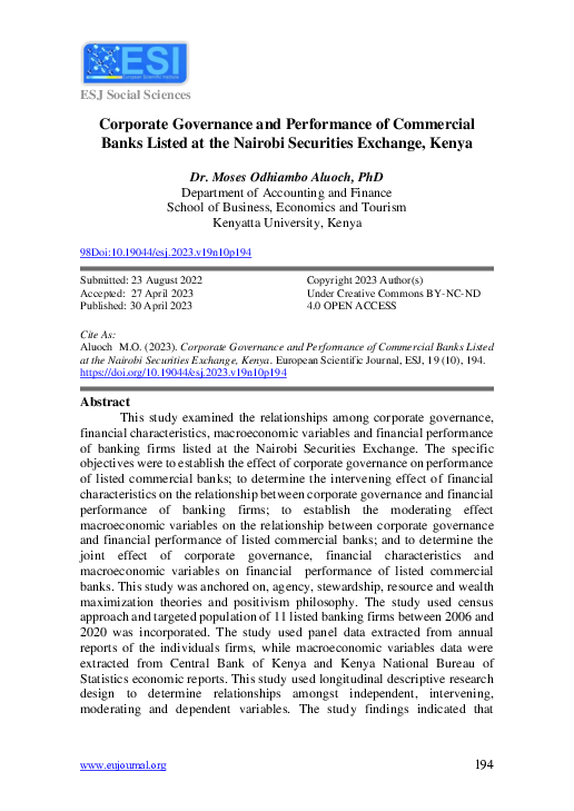 (PDF) Corporate Governance and Performance of Commercial Banks Listed ...