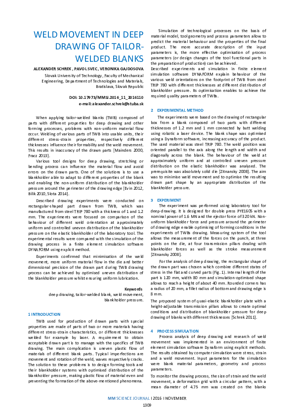 (PDF) Weld Movement in Deep Drawing of Tailor-Welded Blanks
