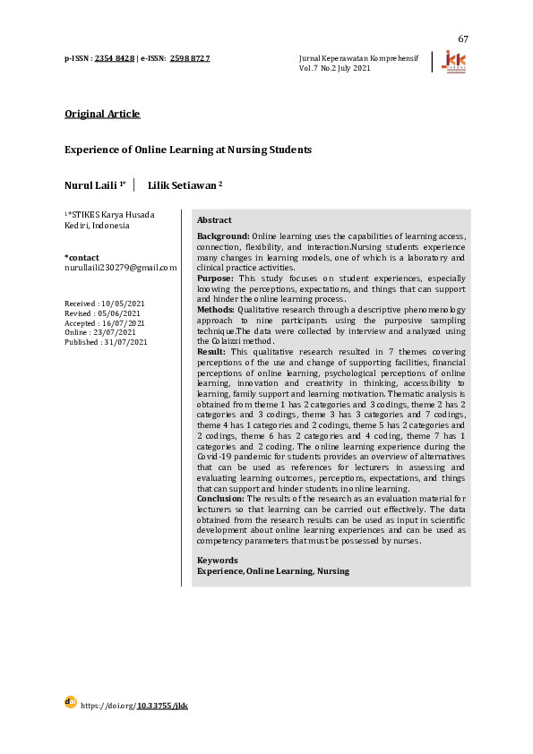(PDF) Experience of Online Learning at Nursing Students