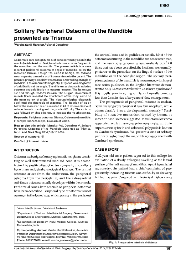 (PDF) Solitary Peripheral Osteoma of the Mandible presented as Trismus