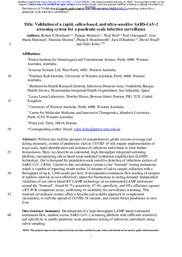 (PDF) Validation of a rapid and sensitive SARS-CoV-2 screening system ...