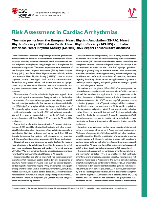 (PDF) Risk Assessment in Cardiac Arrhythmias