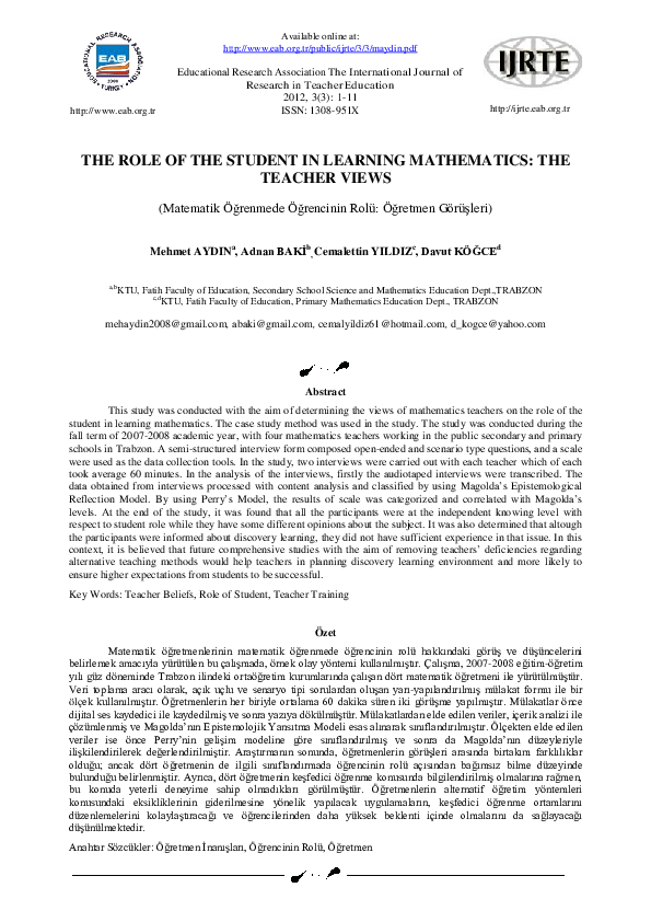 (PDF) The Role Of The Student In Learning Mathematics: The Teacher Views