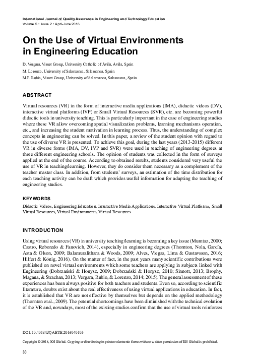 (PDF) On the Use of Virtual Environments in Engineering Education