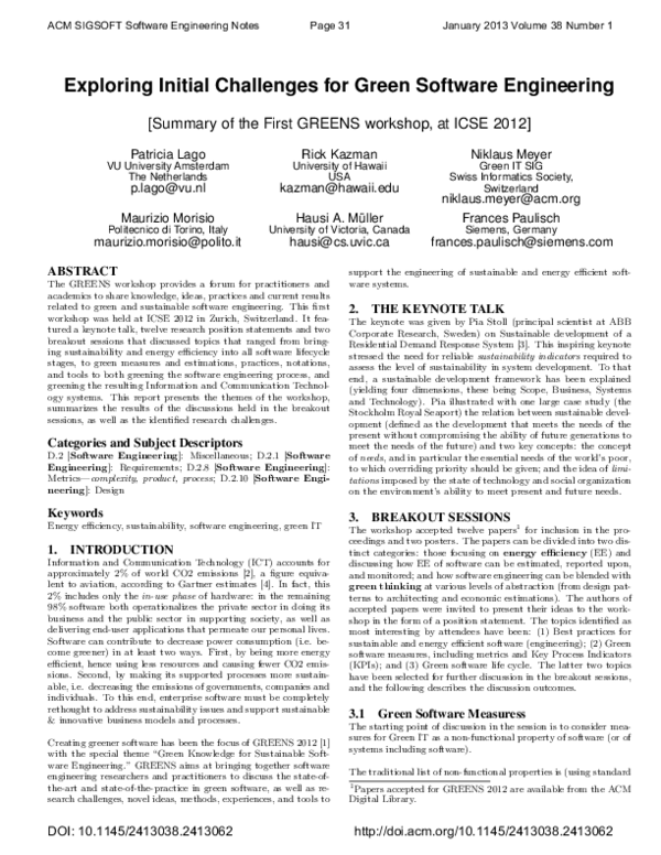 (PDF) Exploring initial challenges for green software engineering