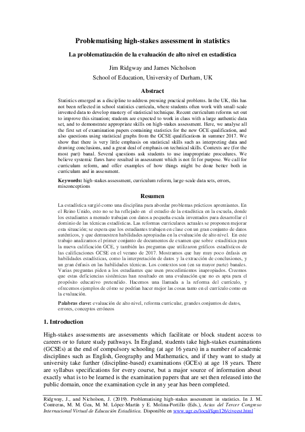 (PDF) Problematising high-stakes assessment in statistics