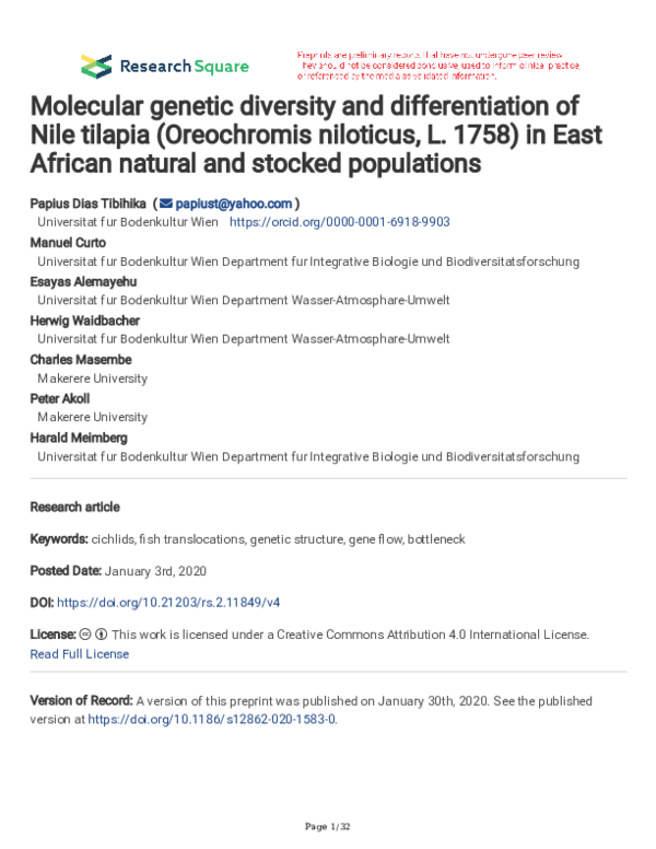 (PDF) Molecular genetic diversity and differentiation of Nile tilapia ...