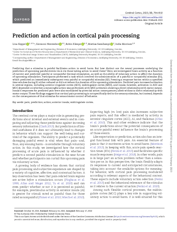 (PDF) Prediction and action in cortical pain processing