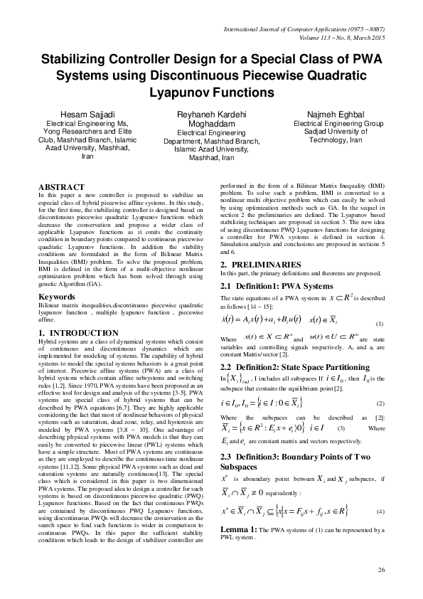 (PDF) Stabilizing Controller Design for a Special Class of PWA Systems ...
