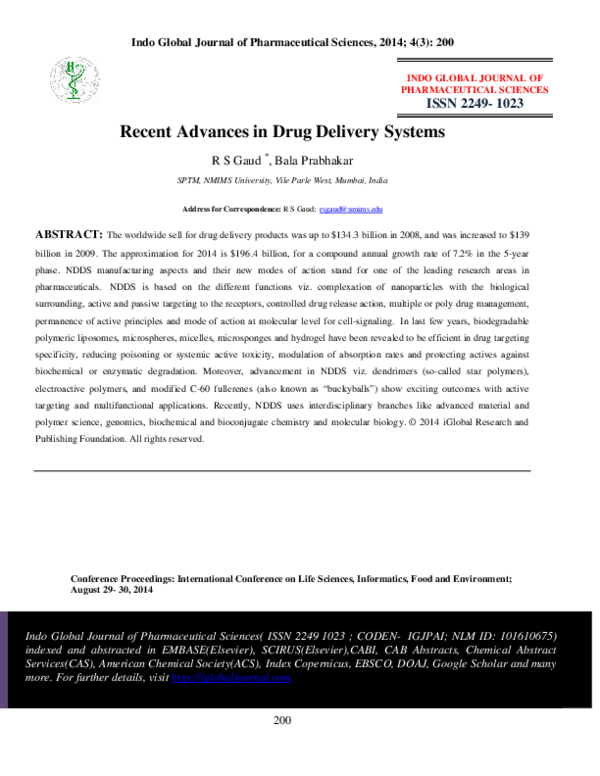 (PDF) Recent Advances in Drug Delivery Systems