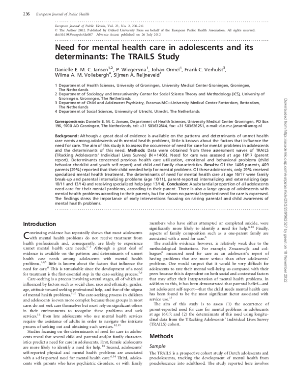 (PDF) Need for mental health care in adolescents and its determinants ...